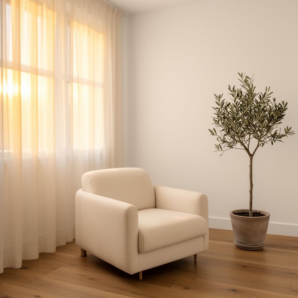 Calm consulting room with linen armchair